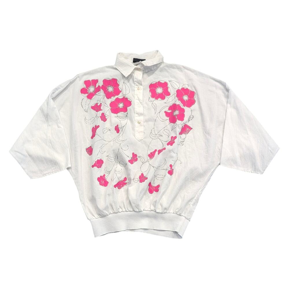80s Women's Bright Pink Flower Sparkly Pullover Shirt
